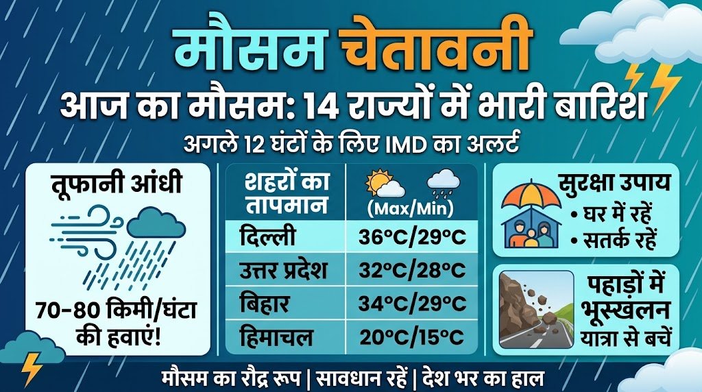 मौसम अलर्ट: अगले 12 घंटों में 14 राज्यों में भारी तबाही मचा सकती है तूफानी बारिश, 80 KM/H की रफ्तार से चलेंगी हवाएं!