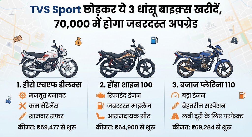 TVS Sport को कहकर अलविदा? ये 3 धांसू कम्यूटर बाइक्स 70 हजार के बजट में देंगी जबरदस्त अपग्रेड और बेहतर माइलेज